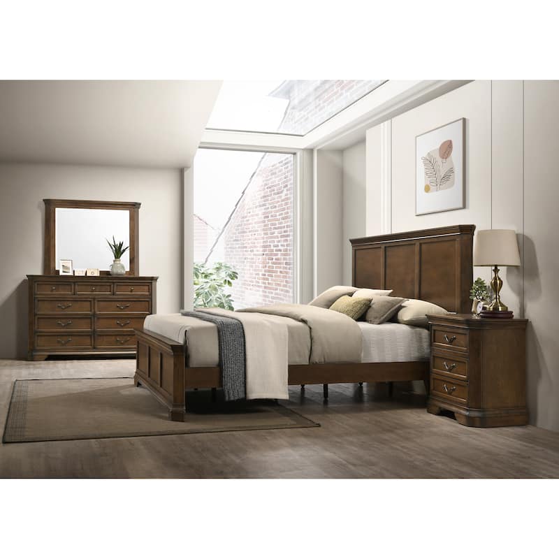 Roundhill Furniture Maderne Traditional Wood Panel Bed with Dresser, Mirror, Nightstand, Chest, Antique Walnut Finish