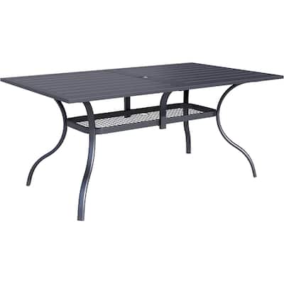 Outdoor Patio 2 Tiers Iron Steel Slatted Rectangle Dining Table Black with Umbrella Hole for 6 Person - 60" x 37"