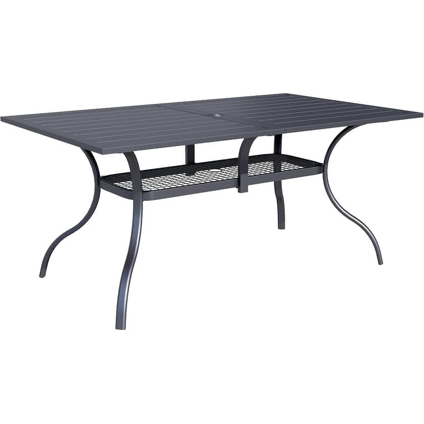 Outdoor Patio 2 Tiers Iron Steel Slatted Rectangle Dining Table Black with Umbrella Hole for 6 Person - 60" x 37"