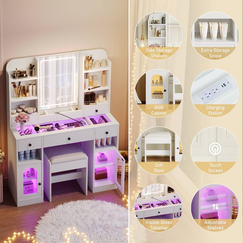 43.2" Vanity Desk with LED Mirror and Lights, Dressing Table with 5 Drawers ,Storage Shelves and Stool for Bedroom, White