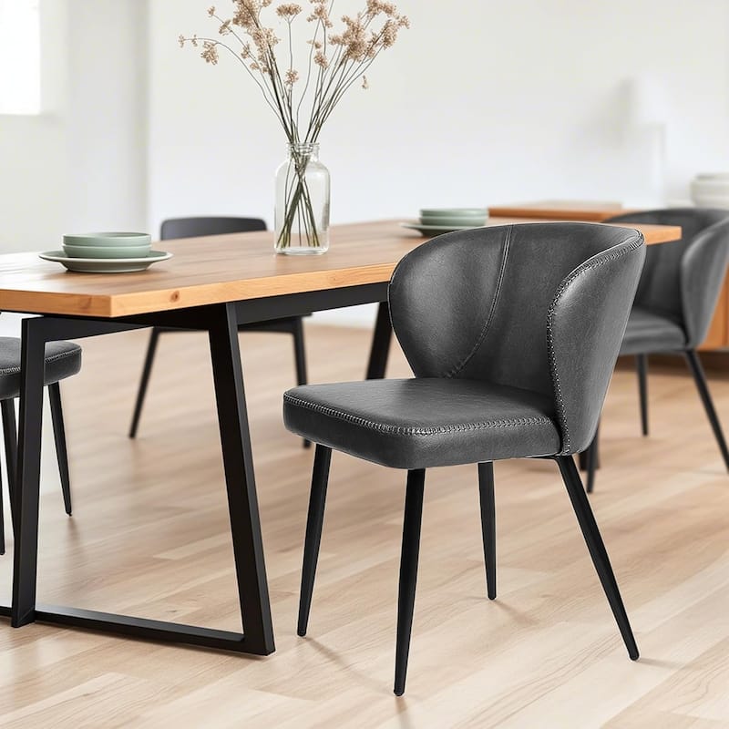 Upholstered Kitchen Chairs with Faux Leather Cushion Seat and Metal Legs,Grey,Set of 2 - Dining Height - Black - Set of 2