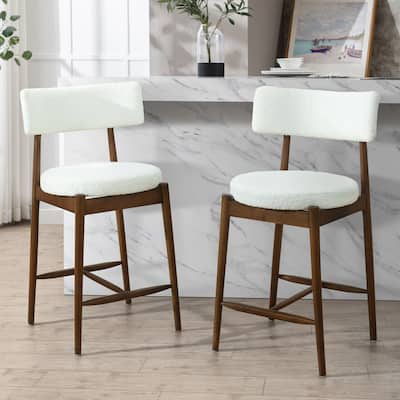 Set of 2 Mid Century Modern Counter Stools with Boucle Upholstery and Rubberwood Frame - Bar Height Dining Stools
