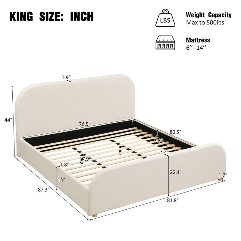 King/Queen/Twin Bed Frame with Linen Curved Headboard & Solid Wood Legs