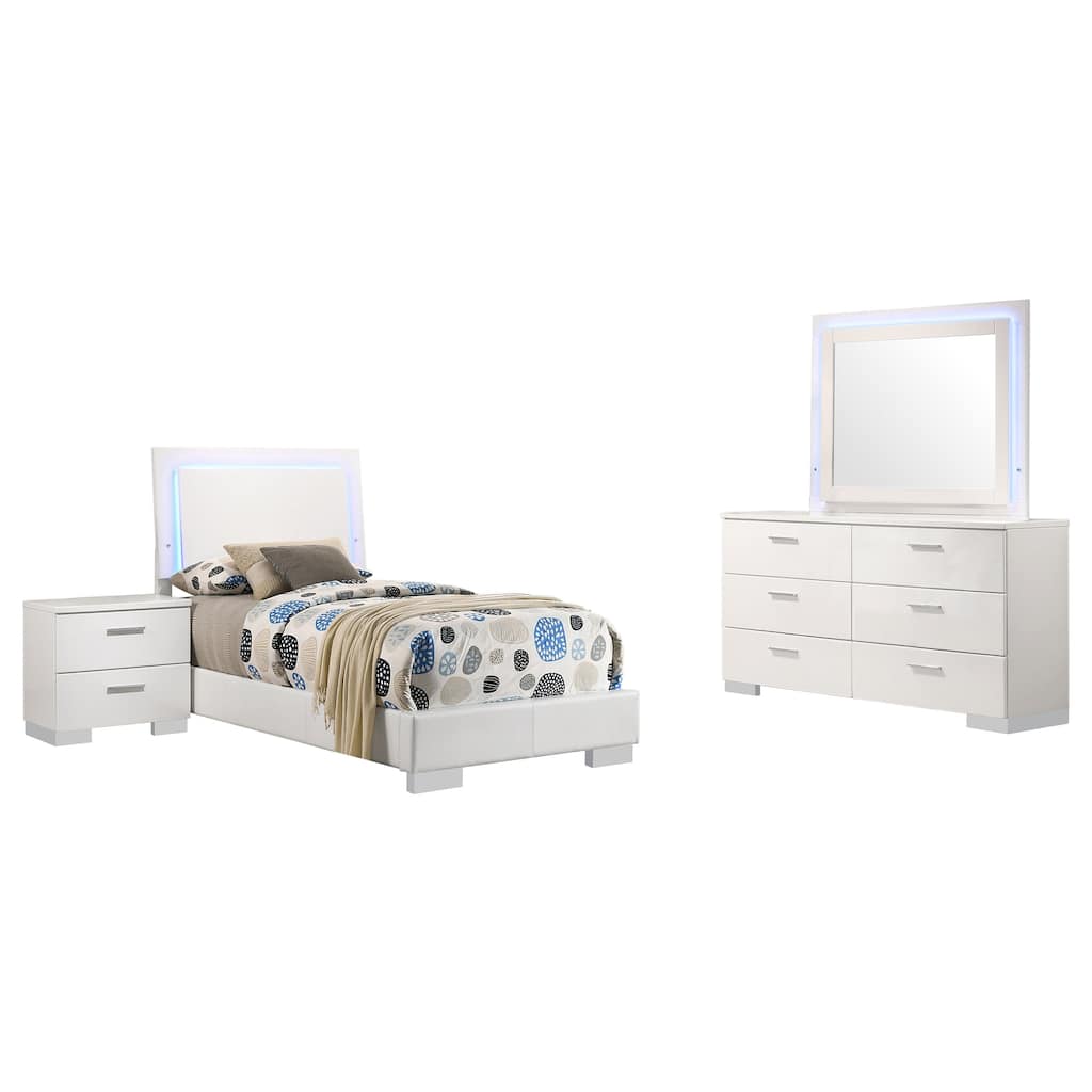 Sok 4pc Twin Bedroom Set, Blue LED Lights, Faux Leather, White Wood
