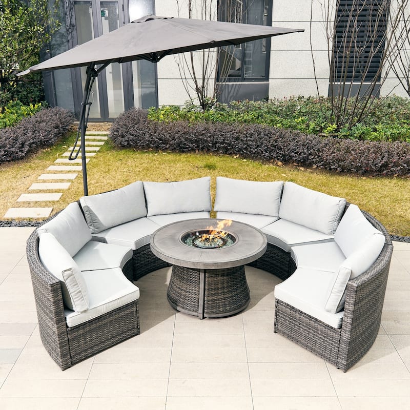 8-Seat Modular Patio PE Rattan Sofa Set with Aluminum Round Fire Pit Table