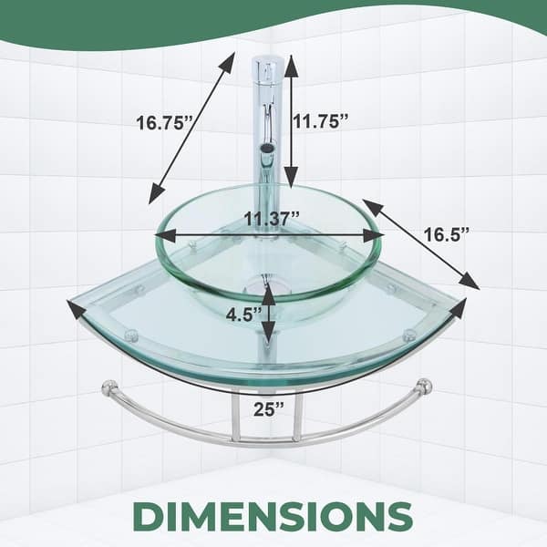 dimension image slide 1 of 2, Talula 25 Inch Clear Glass Corner Vessel Sink with Faucet, Drain and Towel Bar - Renovators Supply