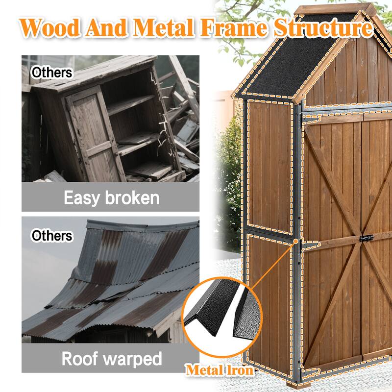 Outdoor Storage Cabinet, Garden Shed Tool Shed with Metal Frame Structure for Backyard Garden Patio Lawn (Brown)
