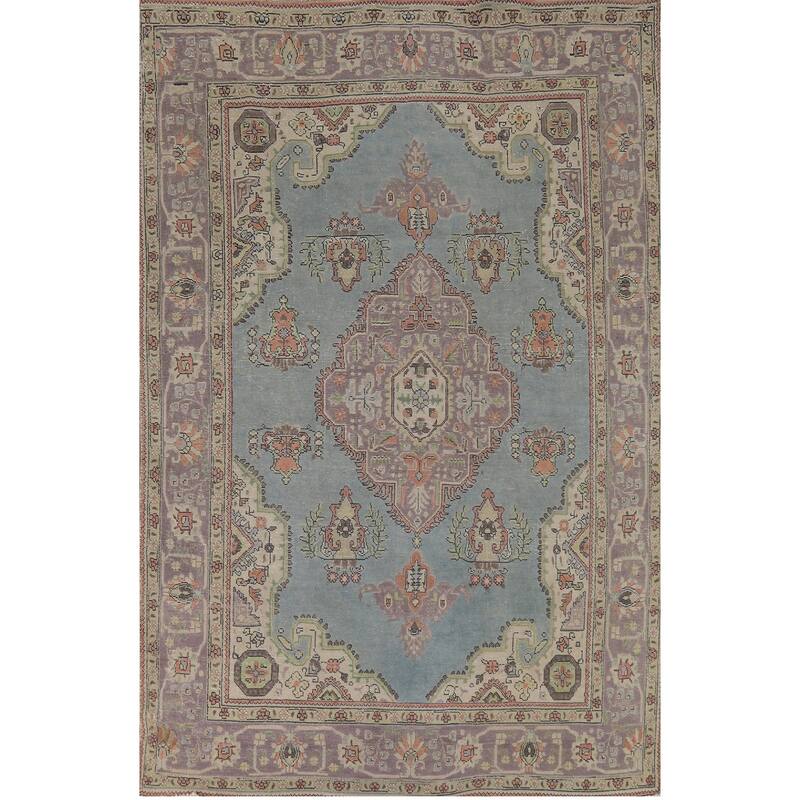 Hand Knotted Oriental 100% Wool Carpet Traditional Medallion Navy Blue & Blues Tabriz Area Rug - 9' 7'' X 6' 6''