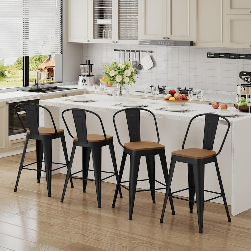 Counter & Bar Stools with Metal Frame Kitchen Stools with High Back Kitchen Bar Furniture Stools with Wooden Seat
