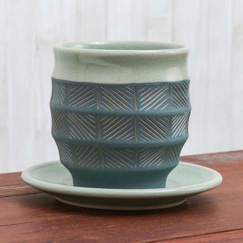 Handmade Celadon ceramic cup and saucer (Thailand)
