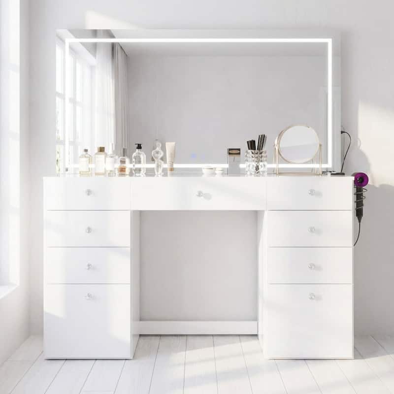 Smart Makeup Vanity Desk with LED Lighted Mirror, Bluetooth Speakers, Glass Top & 11 Drawers, White