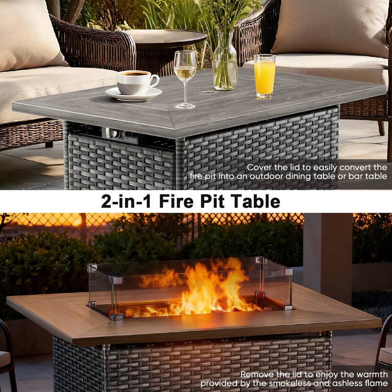 Meyreso 5-Piece Outdoor Patio Wicker Fire Pit Conversation Set with 5-Inch Thick Olefin Cushions