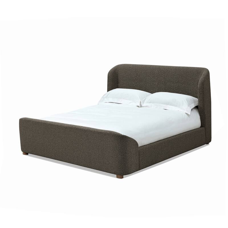 Keni Full Size Platform Bed, Soft Brown Boucle Upholstery, Curved Design