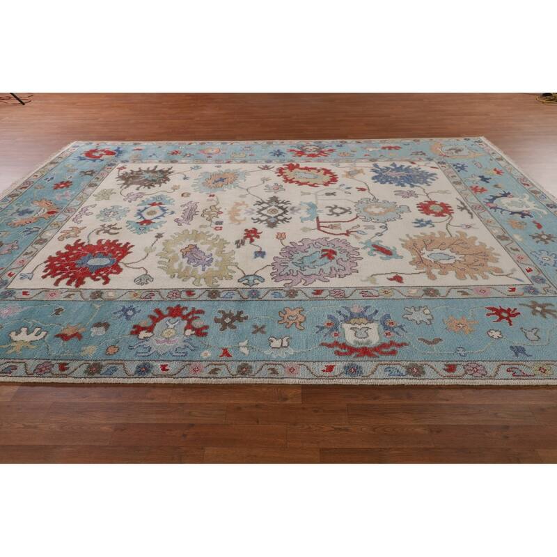 Beige / Ivory Floral Oushak Area Rug Hand-Knotted Wool Carpet - 9'1" x 11'9"