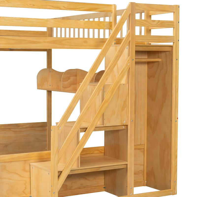 GDFStudio - StoreStep Modern Wooden Queen Loft Bed with Staircase, Wardrobe and Storage Shelves