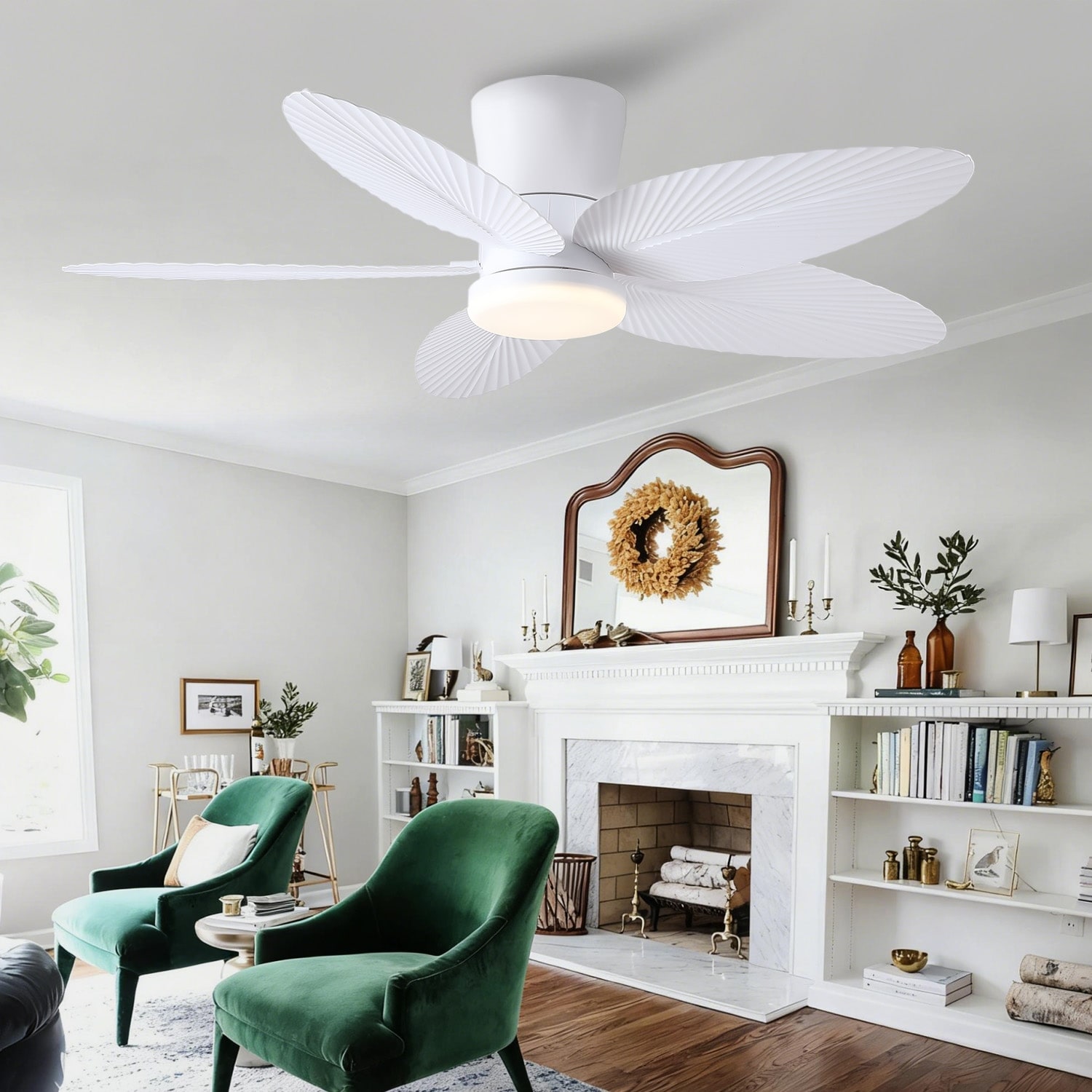 42" Ceiling Fan with Light and Palm Leaf Blades ,3CCT Dimmable LED Integrated,for Indoor and Outdoor - 42 Inches