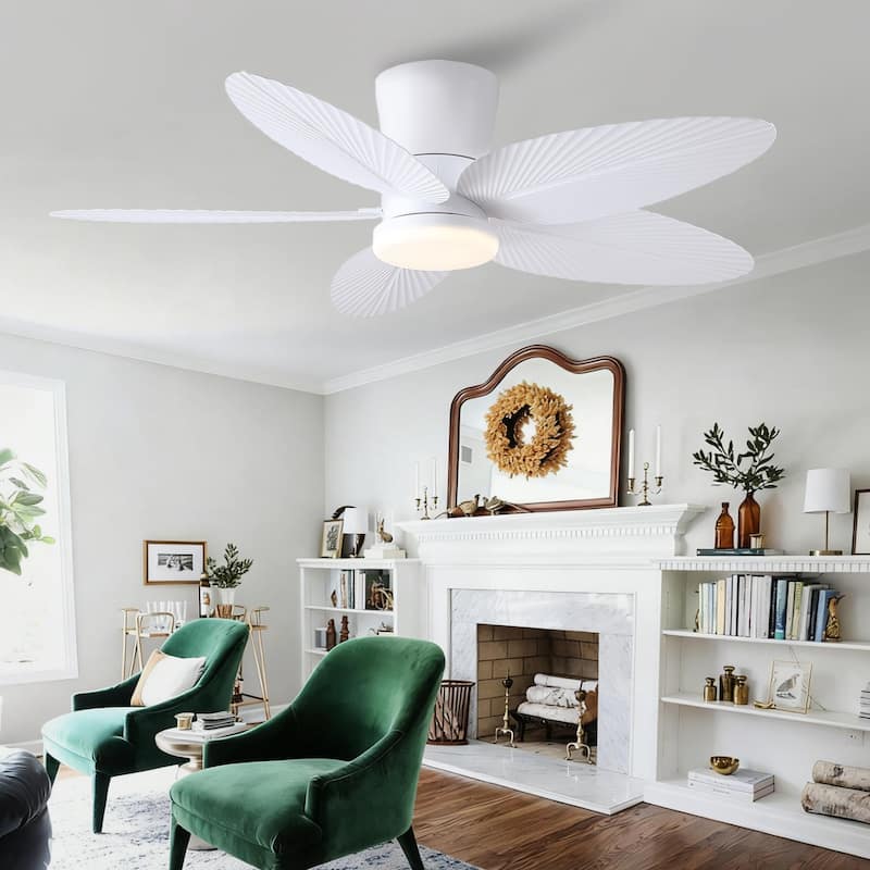 42" Ceiling Fan with Light and Palm Leaf Blades ,3CCT Dimmable LED Integrated,for Indoor and Outdoor - 42 Inches - White