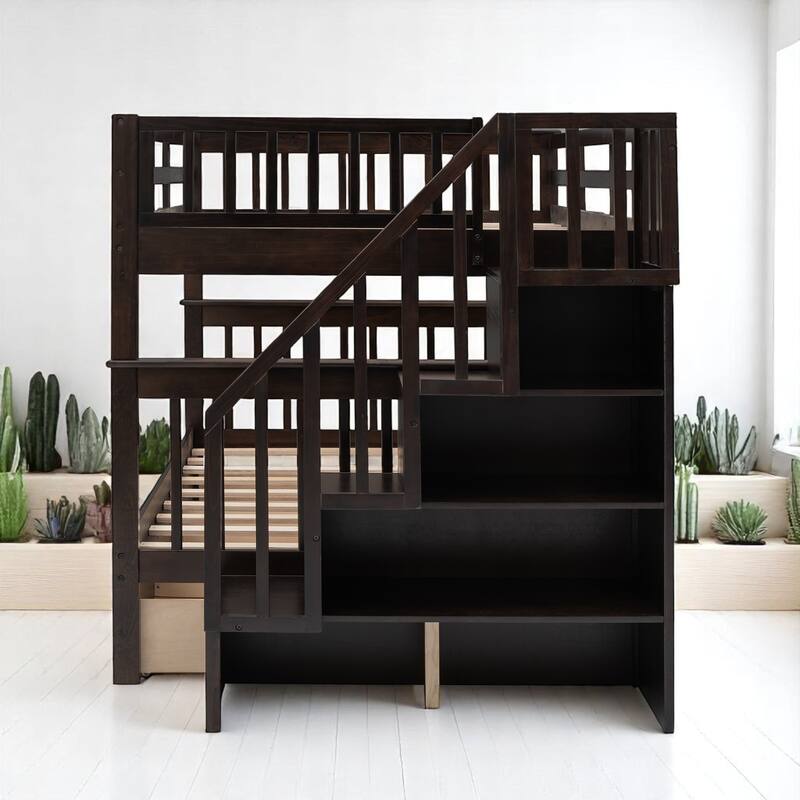 Full Over Full Bunk Bed with Storage Staircase and Shelves, Convertible Design, No Box Spring Needed,kid beds