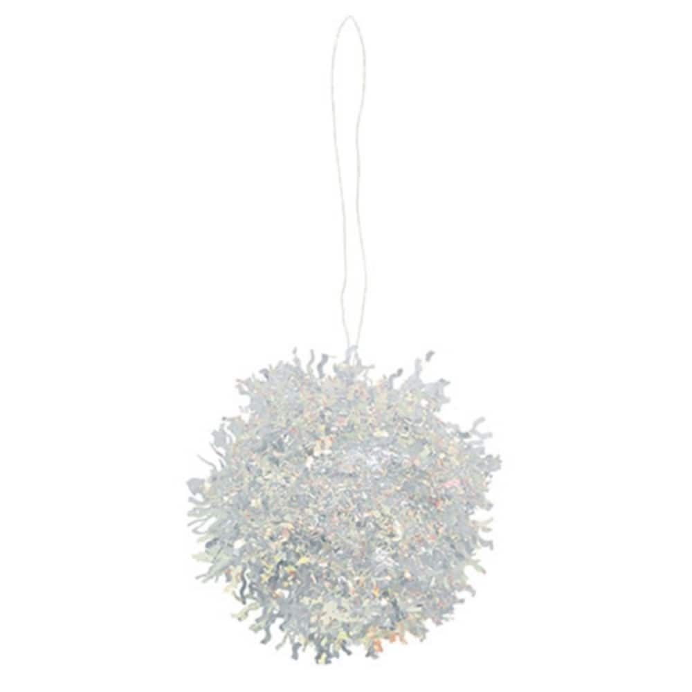 White Opalescent Tinsel Ball Ornament with Clear Hanger Christmas Decor 4.5x4.5 in - 4.5" H x 4.5" diameter