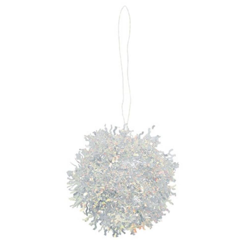 White Opalescent Tinsel Ball Ornament with Clear Hanger Christmas Decor 4.5x4.5 in - 4.5" H x 4.5" diameter - White