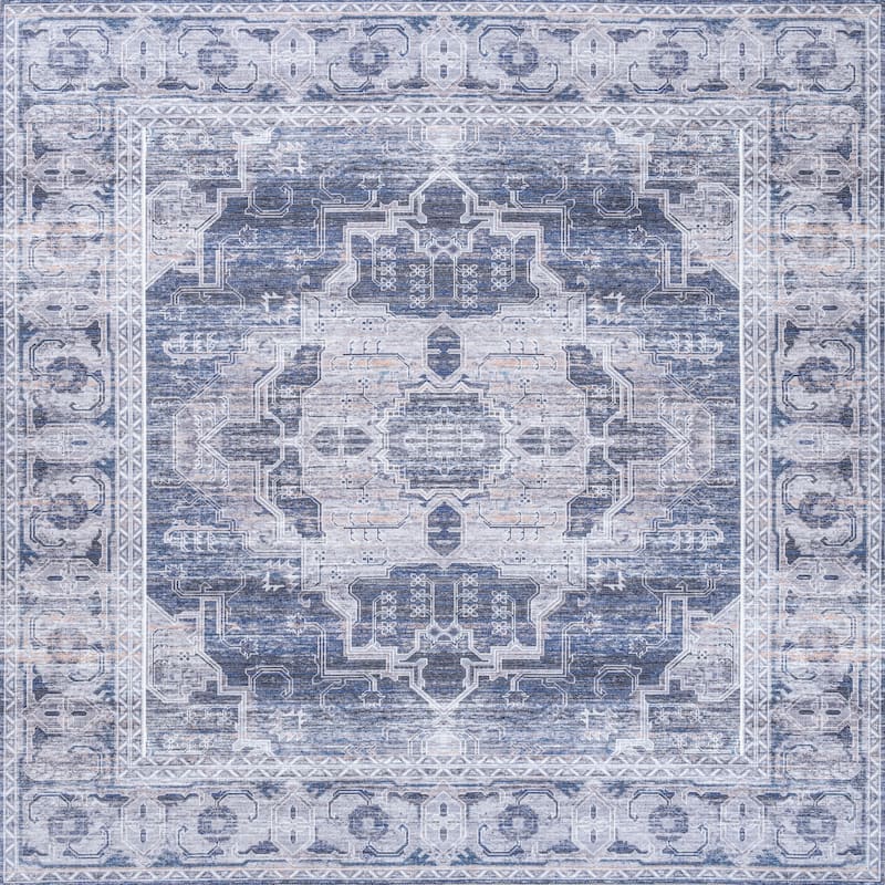 JONATHAN Y Dalyan Ornate Medallion Machine Washable Area Rug - 5' Square - Navy/Cream