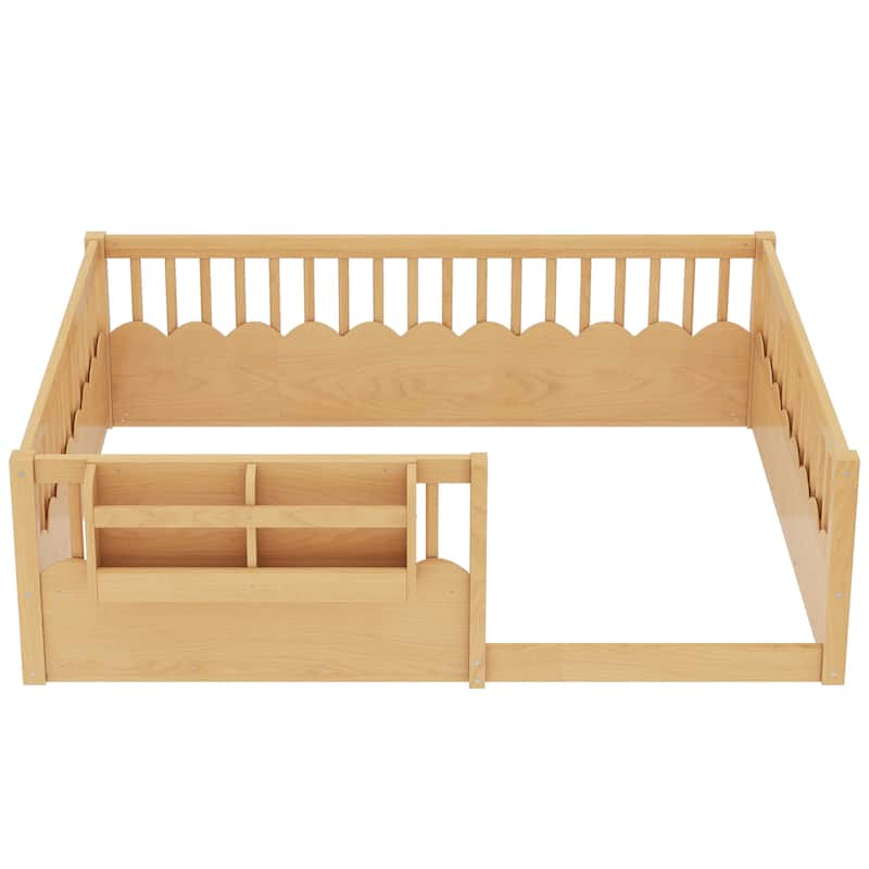 Full Floor bed with Heightened Fence and bookshelf, Wood Floor Bed for Kids