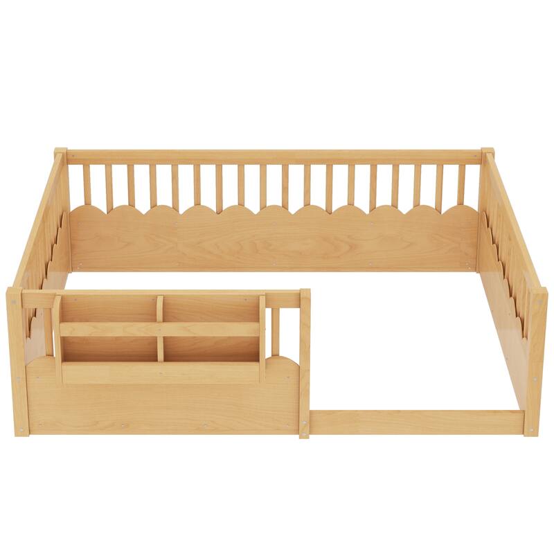 Roomfitters Floor Bed with Bookshelf and Heightened Fence, Solid Wood Frame with Guardrails