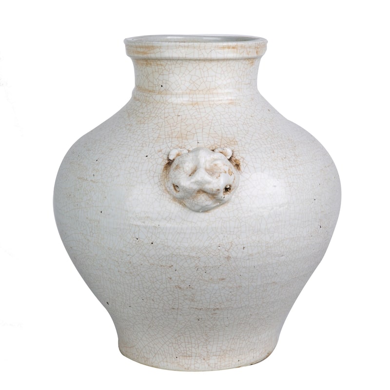 Double Lion Head Handle Jar White Crackle