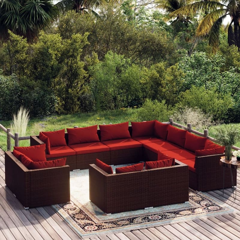 vidaXL Patio Lounge Set with Cushions Brown Poly Rattan - 27.6" x 27.6" x 24" - 27.6" x 27.6" x 24" - Brown 4 x Middle sofa