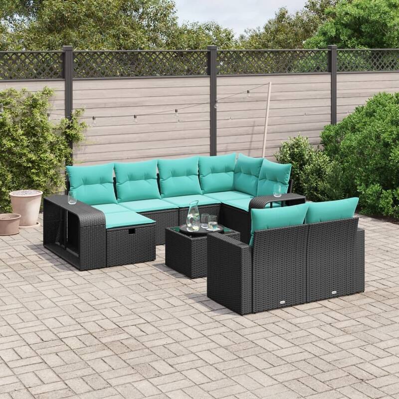vidaXL Patio Sofa Set with Cushions Outdoor Conversation Furniture Poly Rattan - 21.7" x 24.4" x 27.2" - Black with glass table