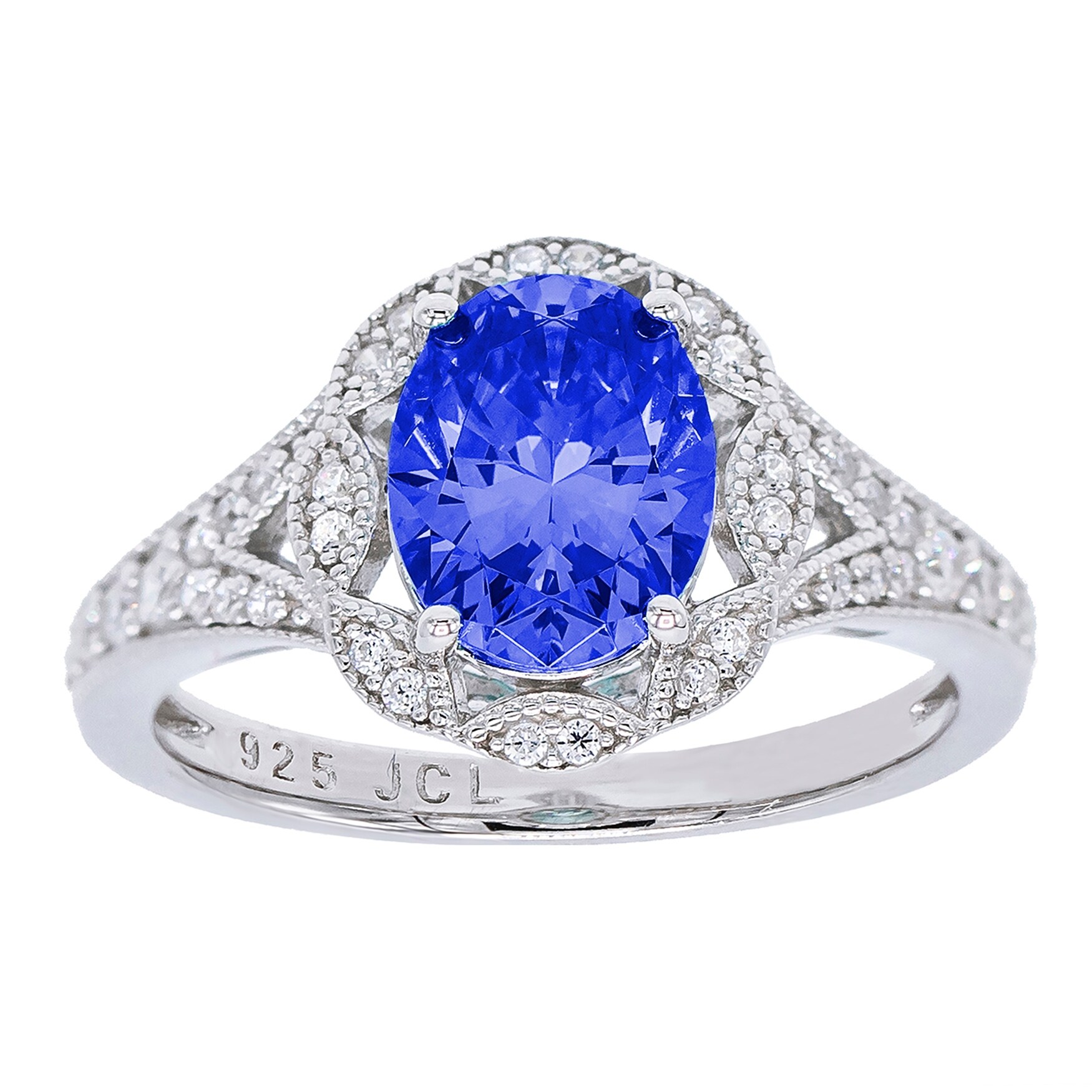 Simulated Sapphire Square Cubic Zirconia Antique Ring Rhodium Plated Sterling Silver