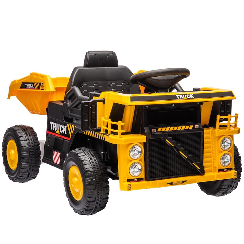 12V Kids Ride-On Dump Truck with Automatic Dump Bed, Spring Suspension, LED Headlights, Music Player, and Shovel - Yellow - Yellow
