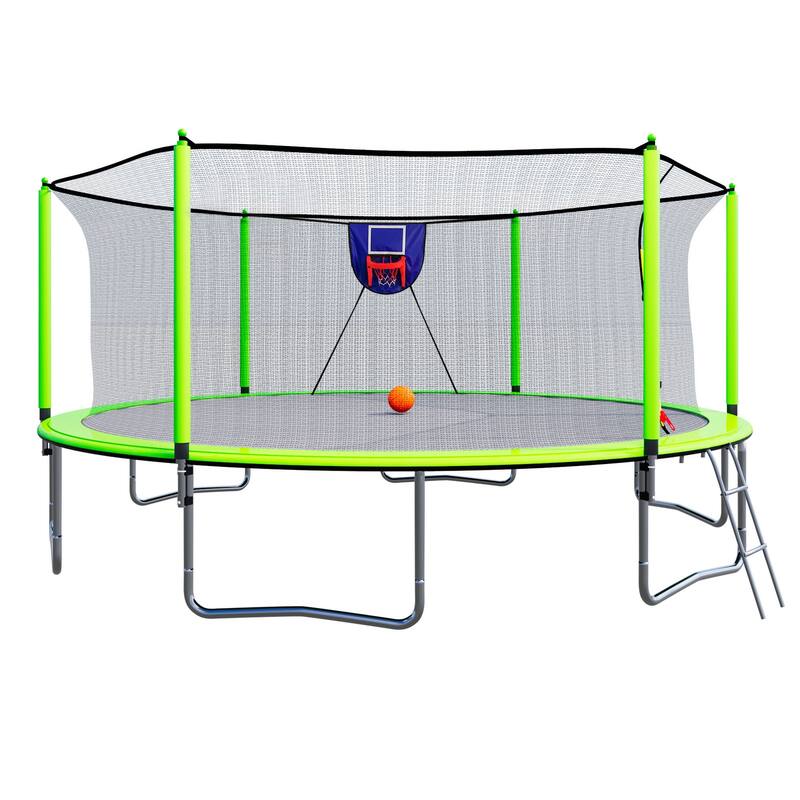 15FT Trampoline with Basketball Hoop Inflator and Ladder, 6pcs safety new pole Sleeves