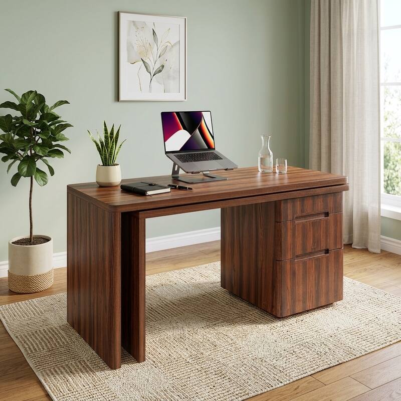 Merax 360 Modern L-Shape Rotating Desk with 3 Drawers and Space-Saving Convertible Workstation