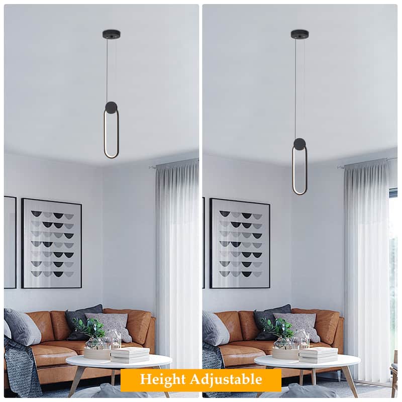 7-Watt 1-Light Black Elliptical Shade Integrated LED Pendant Light, Classic Semi Flush Mount Chandelier for Dining Room