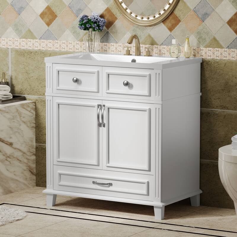 Roomfitters 30" Vanity with Resin Sink, Solid Wood Cabinet with Soft Closing Doors, Retro Freestanding Storage Style