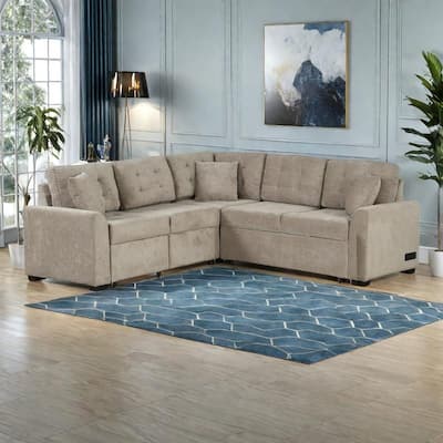 82.6" Velvet L-Shape 4-Seat Sectional Sleeper Sofa with USB Ports, Power Sockets and Wheels