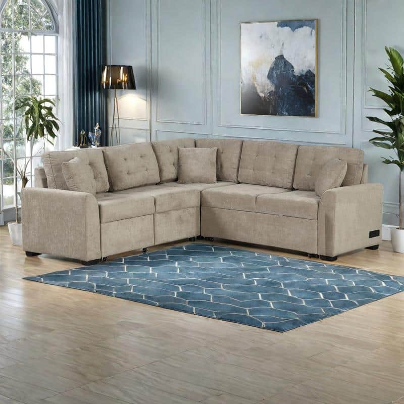 82.6" Velvet L-Shape 4-Seat Sectional Sleeper Sofa with USB Ports, Power Sockets and Wheels