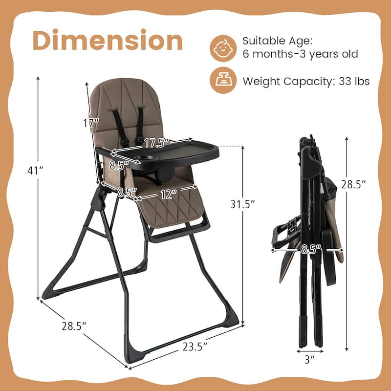 3-in-1 Foldable Baby High Chair with Tray and Footrest Adjustable Footrest Lightweight Waterproof PU Cushion