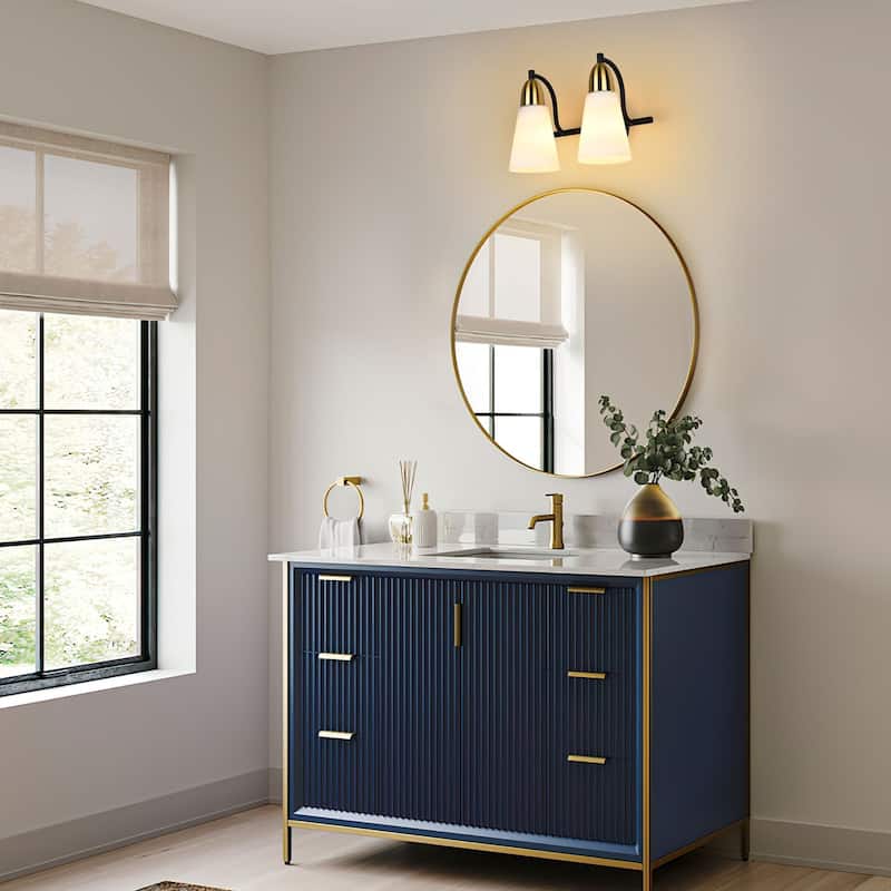 Modern Black Bathroom Vanity Light with Frosted Glass Shades & Gold Accent, Minimalist Wall Sconces