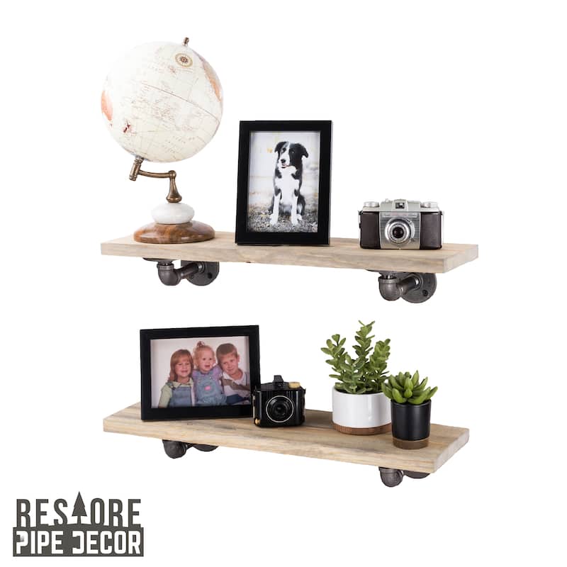 Restore Wood 24 in. Wall Shelf, L-Shape Steel Pipe Brackets, Set of 2 - Driftwood Tan