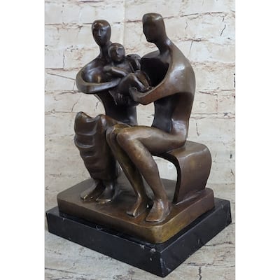 Henry Moore Family In Park Bench Bronze Sculpture Marble Base Abstract Statue Nr