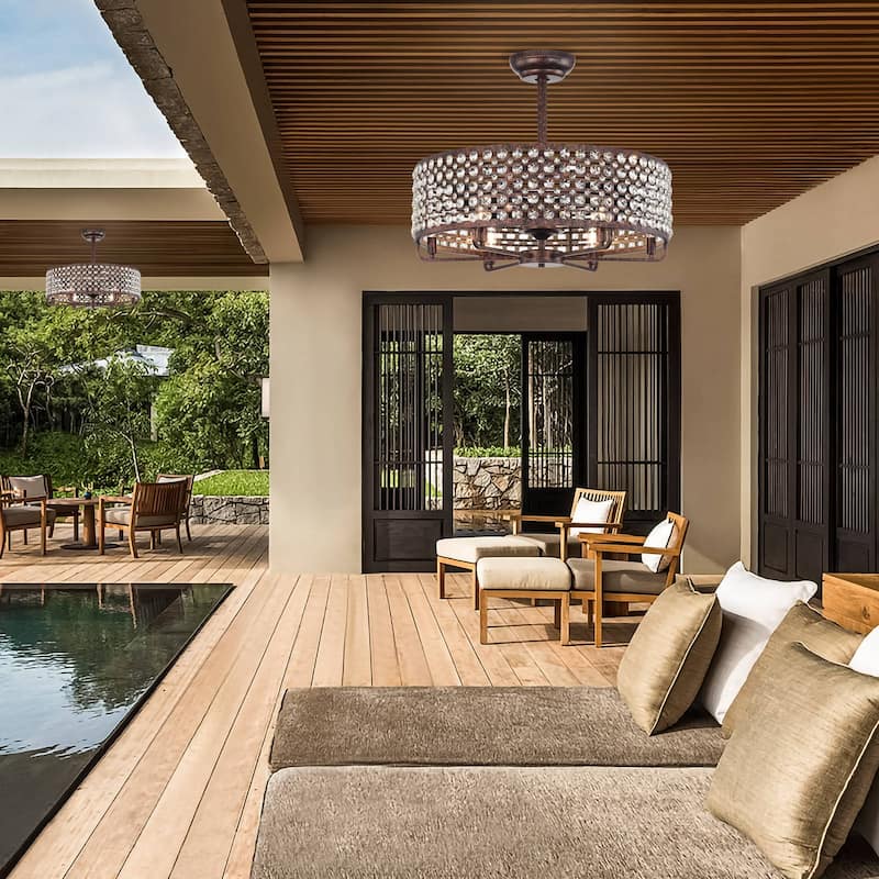 Cusp Barn 26 Inch Farmhouse Cage Crystal Ceiling Fan with Light, Antique Copper Reversible 6-Speed Ceiling Fan Light with Remote