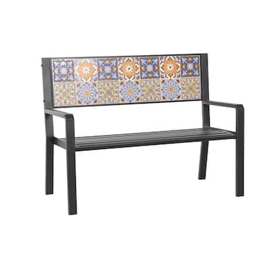 Metal Mosaic Floral and Scroll Patio Outdoor Bench with Orange & Blue or Blue & Teal Patterns -Black or White- Roche River Decor