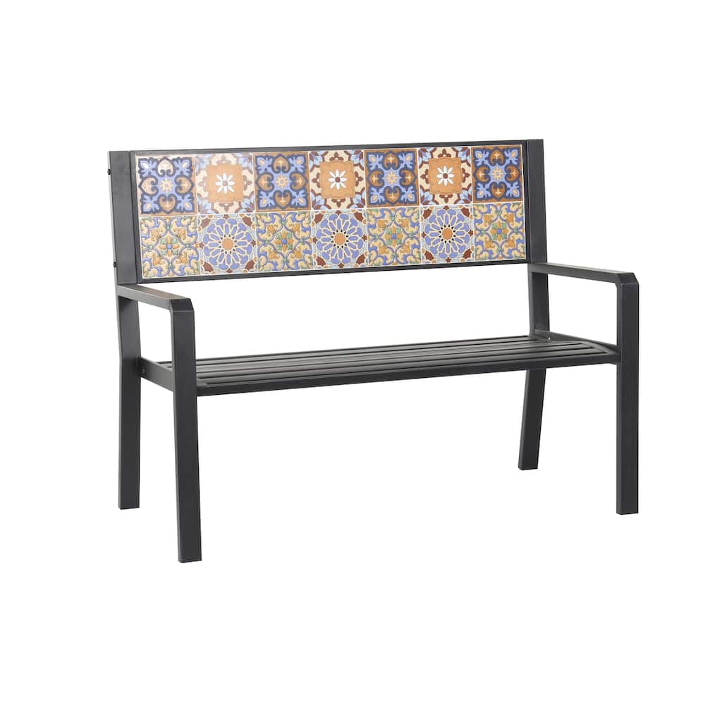 Metal Mosaic Floral and Scroll Patio Outdoor Bench with Orange & Blue or Blue & Teal Patterns -Black or White- Roche River Decor