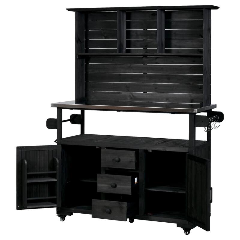 65" Outdoor Potting Bench with Stainless Steel Top, Rolling Garden Workstation with Hutch & Storage