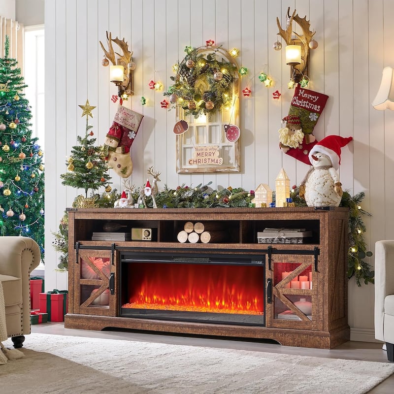 Farmhouse Fireplace TV Stand for 80" TV, Rustic Entertainment Center - Reclaimed Barnwood