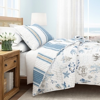 Linery Co Reversible Stripe and Coastal Quilt Set with Shams Bed