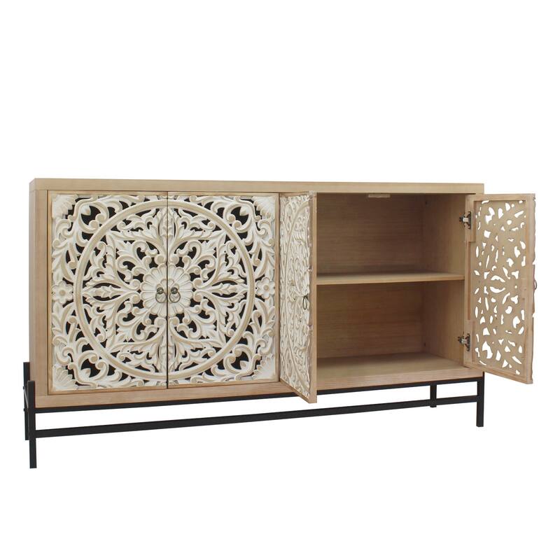 Rustic Carved Sideboard Buffet, Wood 4-Door Accent Cabinet, Storage Cabinet with Floral Hand-Carved Doors
