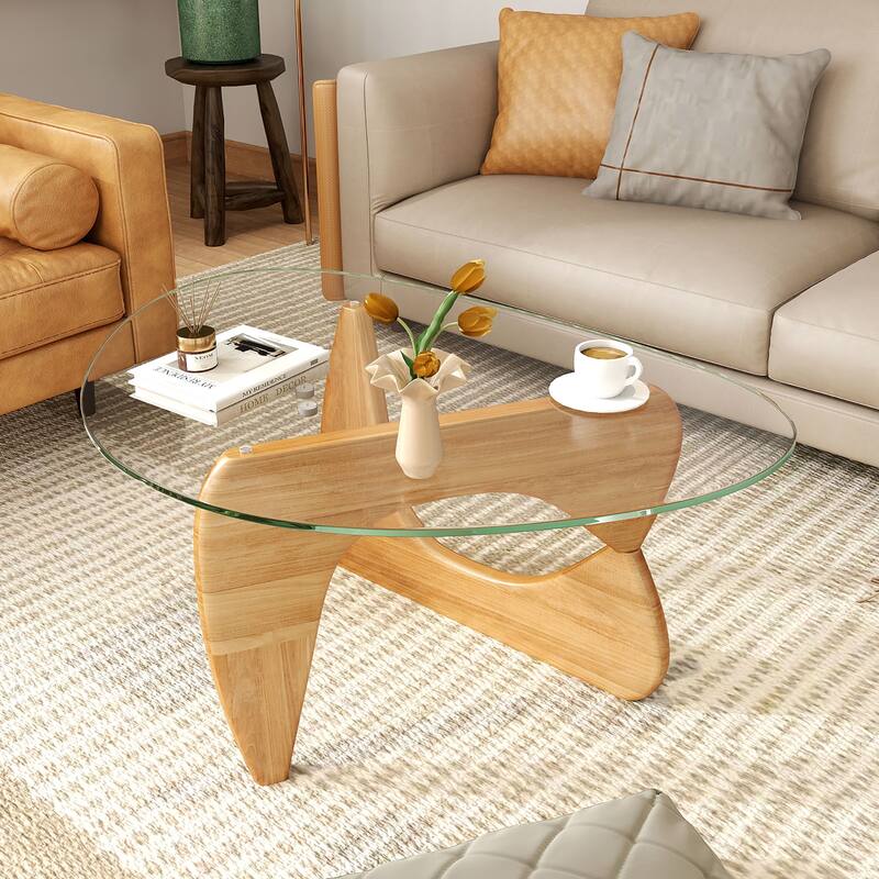Gymax Triangle Coffee Table w/ Tempered Glass Top & Adjustable Rubber